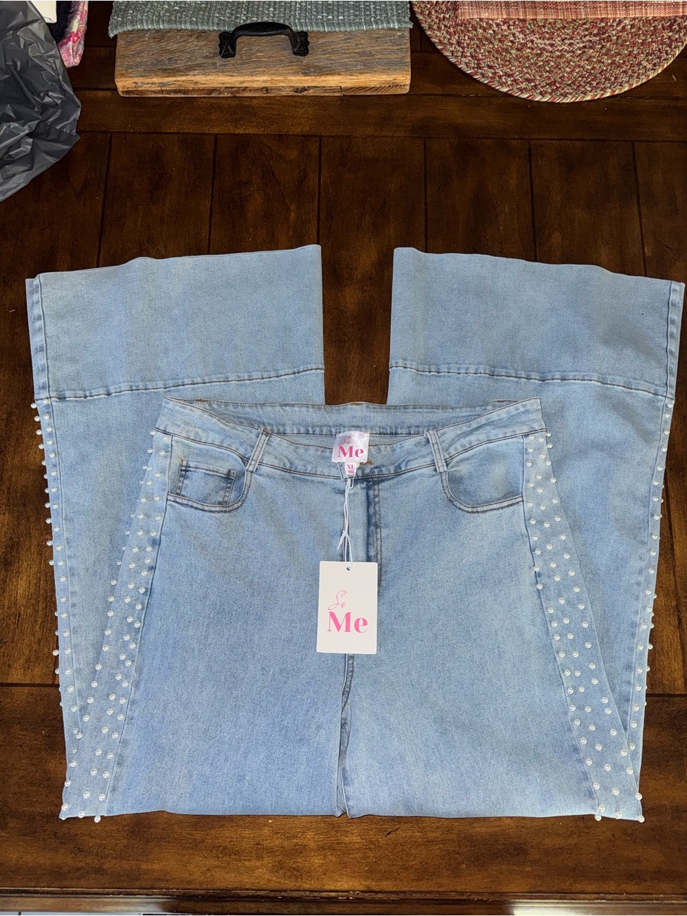 So Me Light Blue Wide-Leg Jeans with Pearl Side Trim